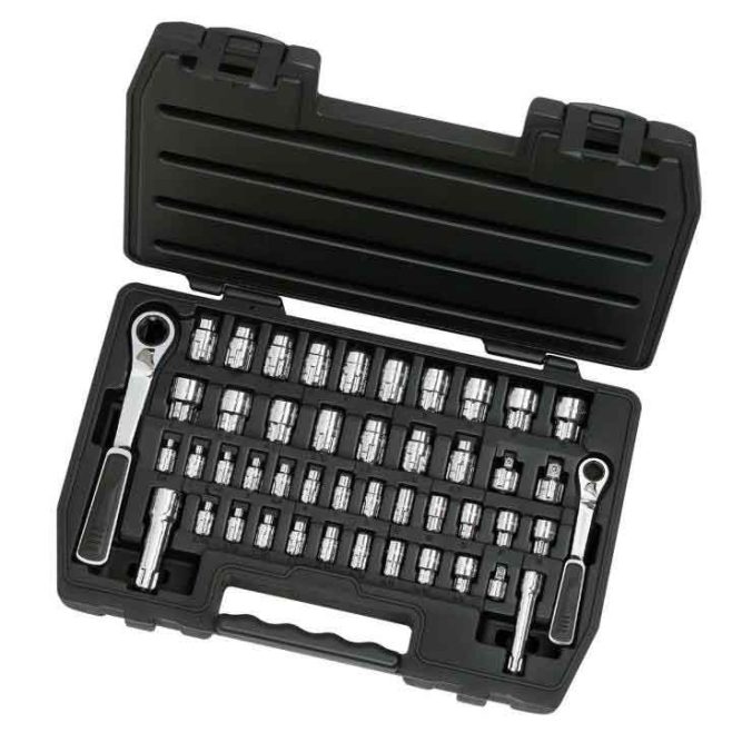 46pc 1/4" & 3/8" Drive SAE/Metric Pass-Thru Ratchet Socket Set