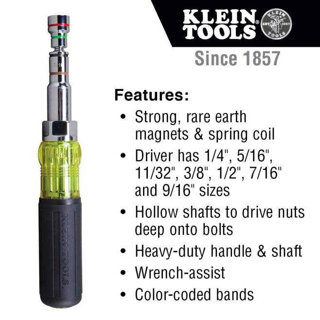 Nut Driver Sizes: 1/4'', 5/16'', 11/32'', 3/8'', 1/2'', 7/16'', 9/16 Color coded shaft ends make it easy to identify the size. Increase your productivity and lighten your load with this multi-nut driver.