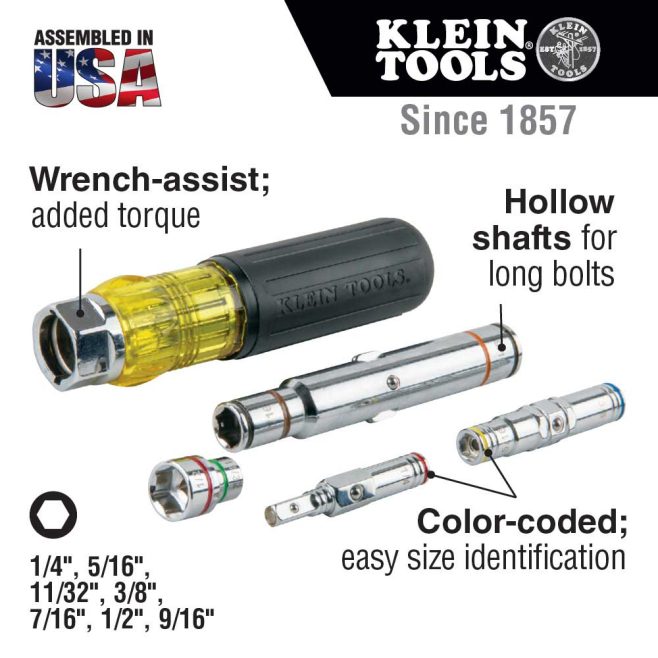 Nut Driver Sizes: 1/4'', 5/16'', 11/32'', 3/8'', 1/2'', 7/16'', 9/16 Color coded shaft ends make it easy to identify the size. Increase your productivity and lighten your load with this multi-nut driver.