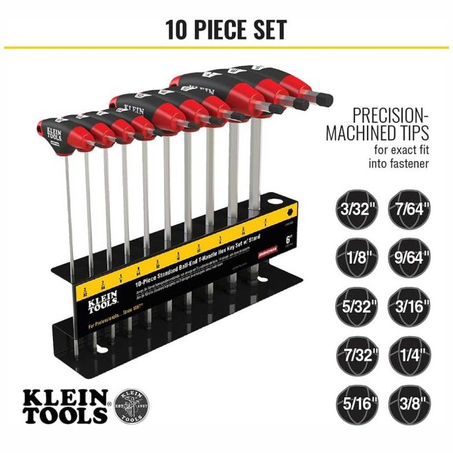 Klein Ball End T-Handle SAE 10 pc Hex Set with Stand