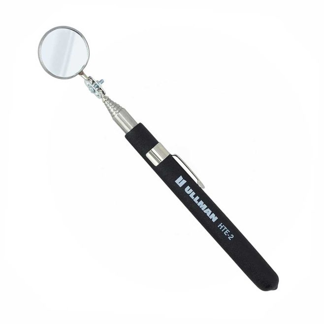 Clear glass, high-tech telescoping inspection mirror for perfect reflection. All-angle ball joint holds mirror firmly for 360 degree viewing. Mirror encased in rugged corrosion resistant brushed stainless steel. Stainless steel telescoping handle is strong, long and lightweight. Comfortable textured cushion grip keeps handle secure in wet or oily hands. Length is from 6.5" to 35" fully extended.